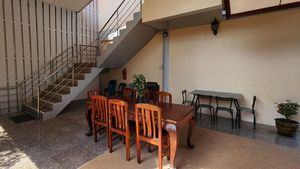 A covered outdoor dining area