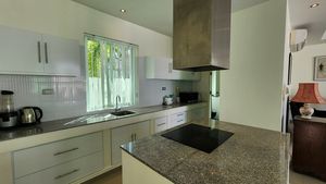 A spacious kitchen with an island