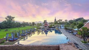Across the pool at dawn