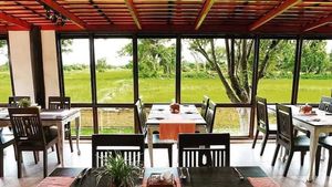 The interior of the poolside restaurant