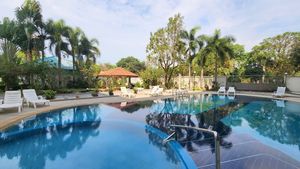 The pool and deckchair area