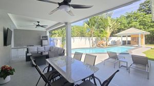 The shaded outdoor space has it all